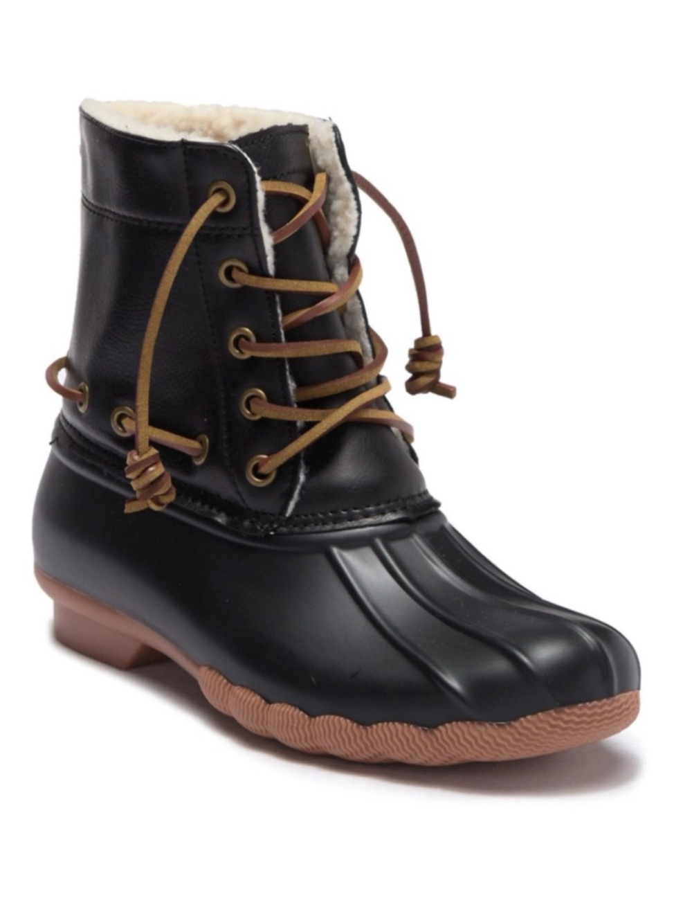 NWT Women’s Black Shearling-Lined Duck Boot with Brown Laces